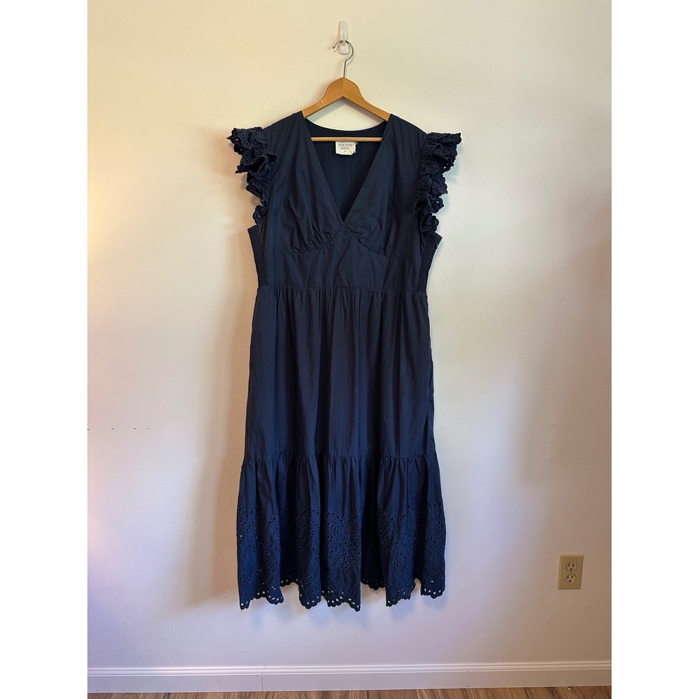 Hyacinth House Navy Blue Eyelet Flutter Sleeve Smocked Midi Dress | Size XXL